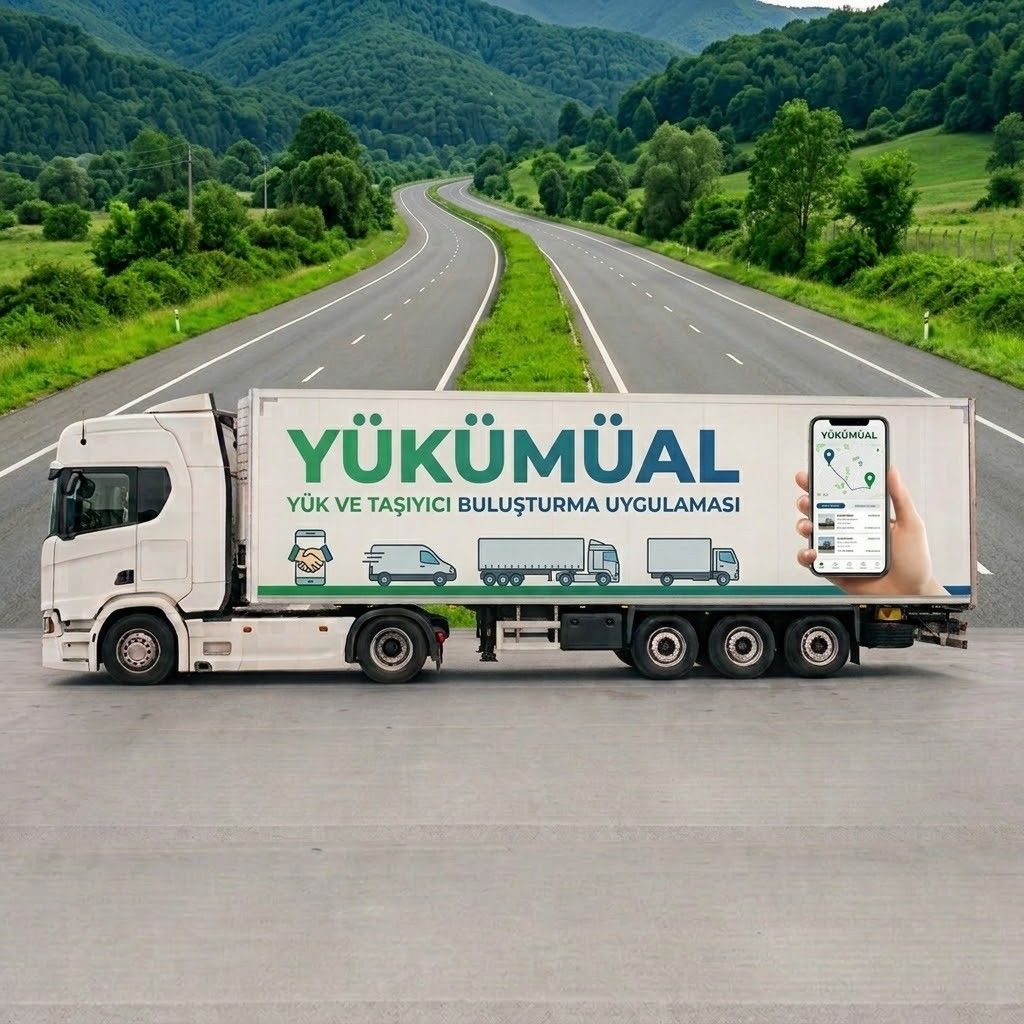 Yeşil tepeler arasındaki otoyolda, yanında YÜKÜMÜAL yazan beyaz tır