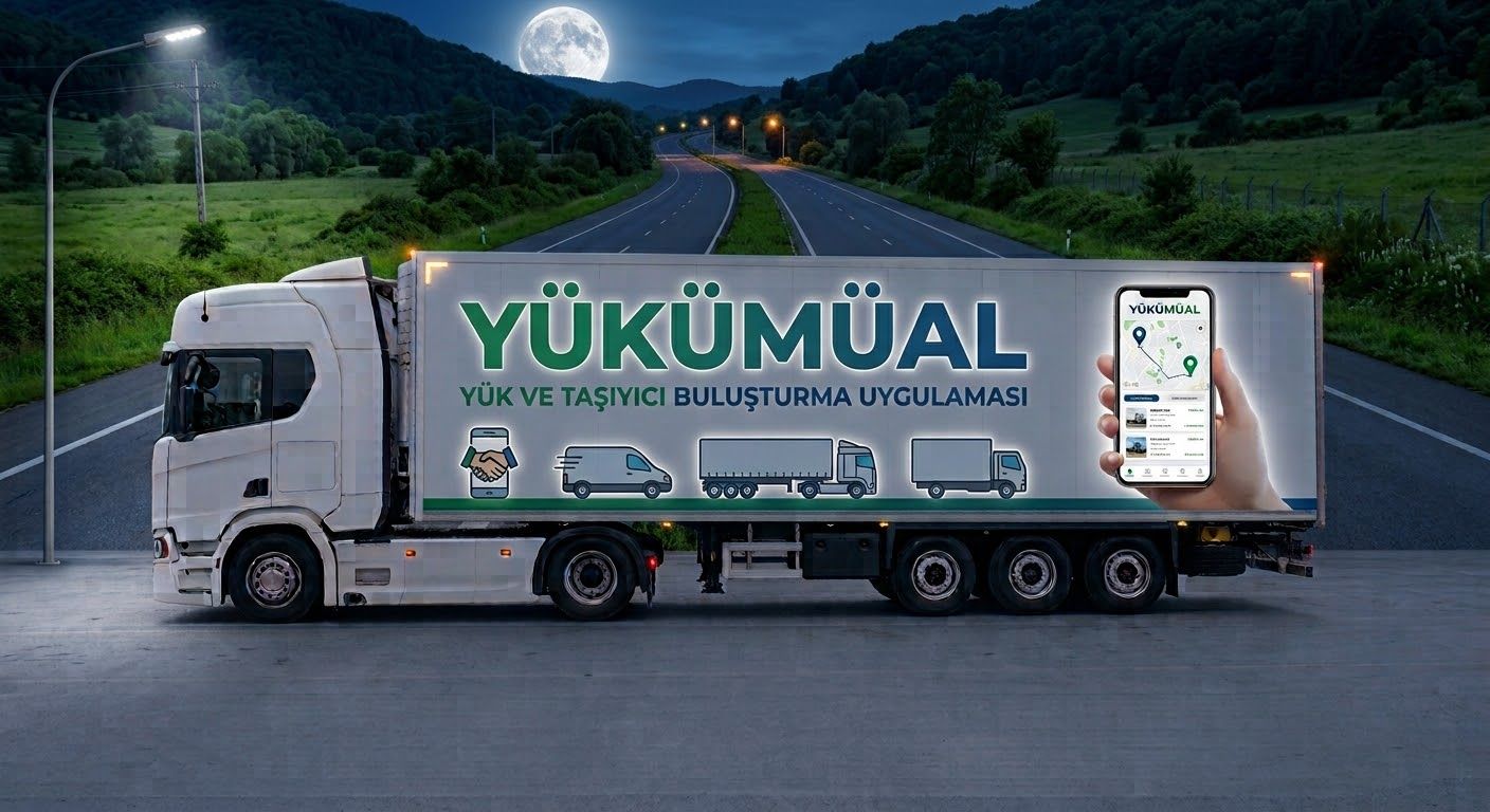 Gece, ay ışığında otoyol kenarında duran ışıklı YÜKÜMÜAL tırı